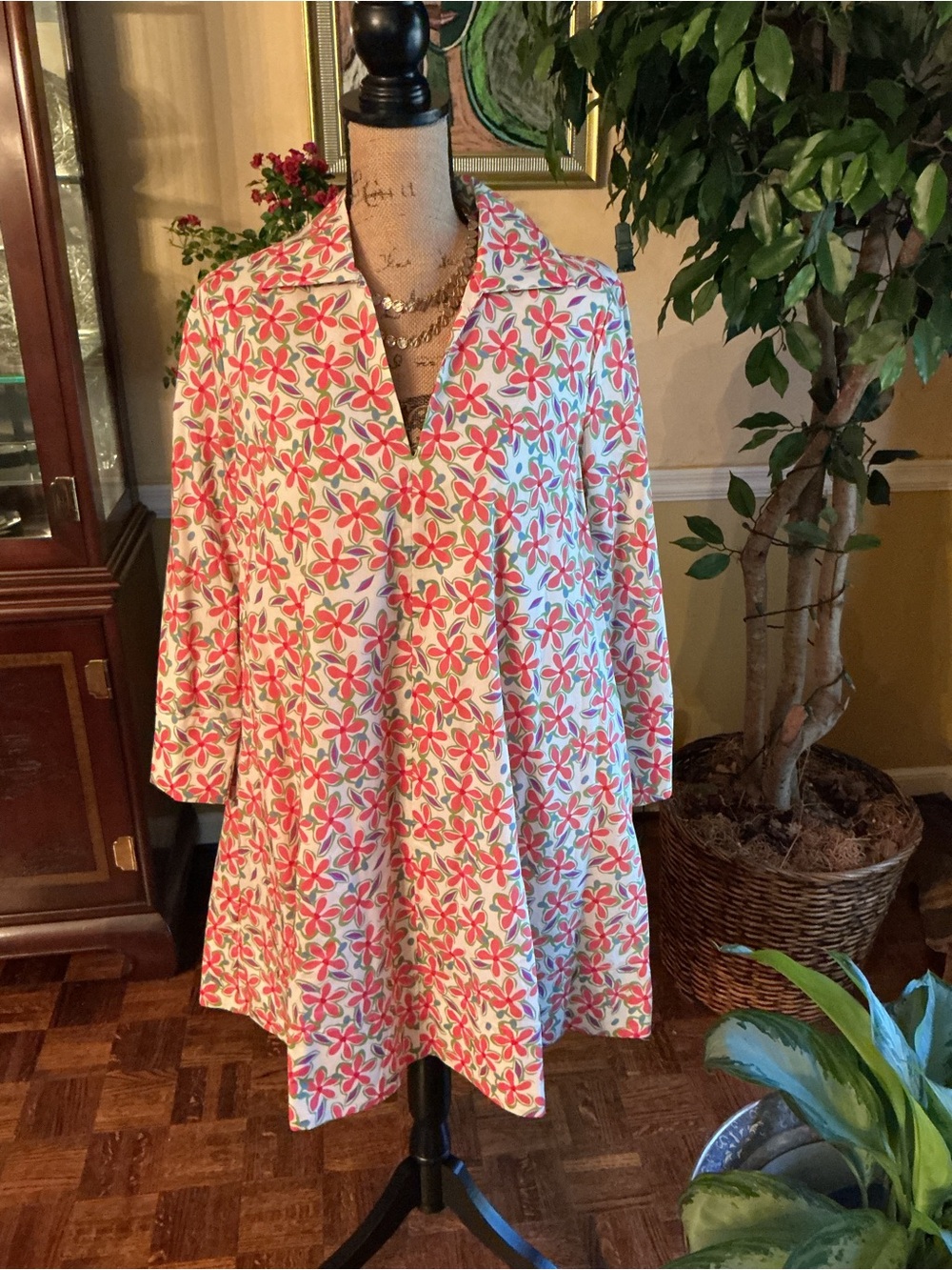 English Factory Coral & Green Floral Button up dress